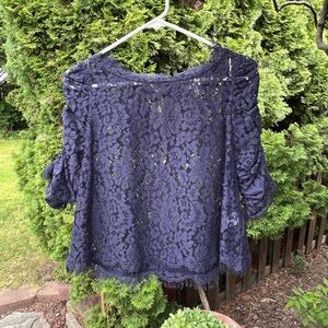 Navy Lace Crop Blouse with Puffed Sleeves